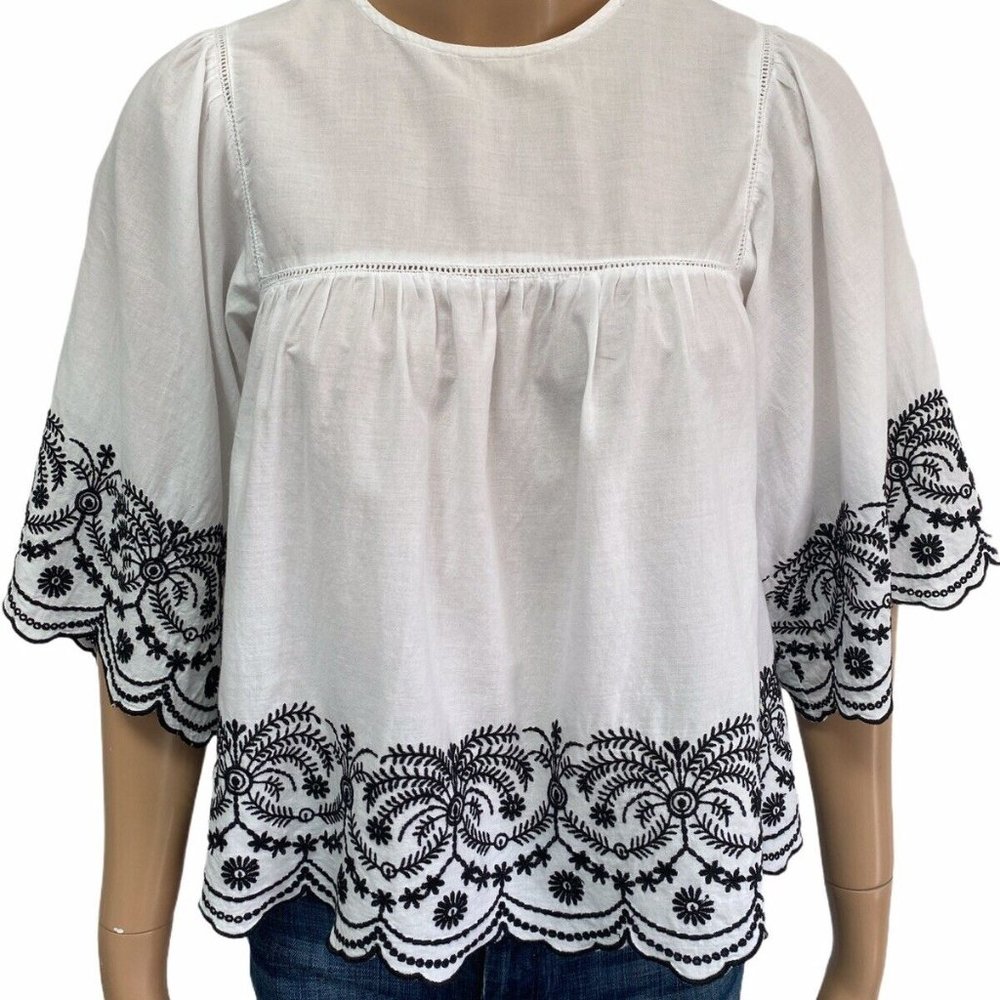 ZARA BASIC White Embroidered Poplin Smock Top Size S Bohemian Smock Top